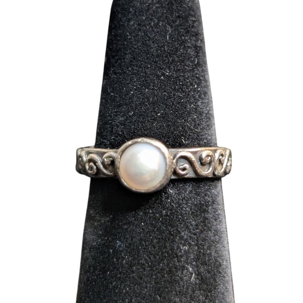 Vintage Marked Fuzion 925 Sterling Silver Bezel Set Pearl Ring Size 5.5